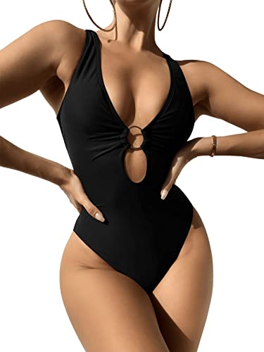 GORGLITTER Damen Schwimmanzug Cut-Out One Piece Swimwear Bügellos Träger Einteilige Bademode Badeanzug mit Ring Schwarz L von GORGLITTER