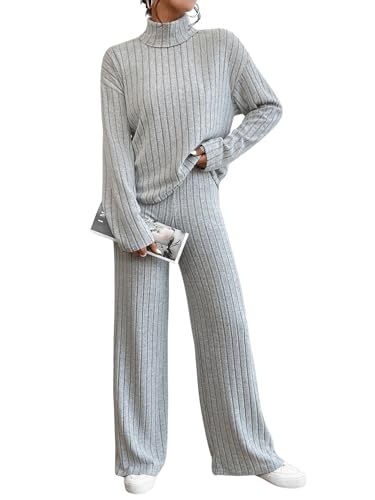 GORGLITTER Damen Set Hose Und Oberteil Strick Zweiteiler Outfit Herbst Elegant Jogginganzug 2 Teiler Freizeitanzug Hellgrau M von GORGLITTER