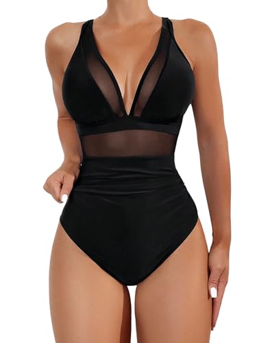 GORGLITTER Damen Sexy Mesh Badeanzug Mit V-Ausschnitt Und Netzeinsatz - Bauchweg Einteiliger Bademode Schwarz XXL GORGLITTER Damen Sexy Mesh Badeanzug Mit V-Ausschnitt Und Netzeinsatz - Bauchweg Einteiliger Bademode Schwarz XXL von GORGLITTER