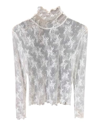 GORGLITTER Damen Sheer Mesh Langarmshirt Elegant Spitzentop Stehkragen Durchsichtiges Langarm Oberteil Netzshirt Spitzen Tops Partytop Festival Outfit Weiß M von GORGLITTER