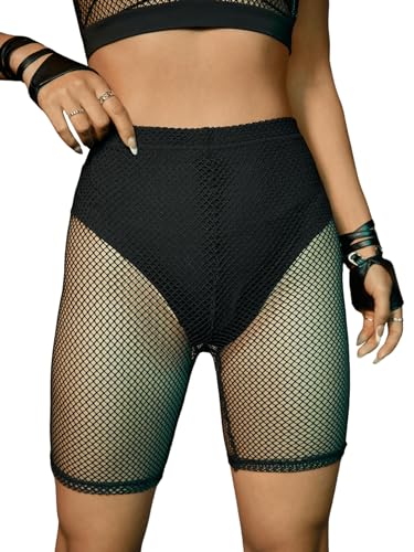 GORGLITTER Damen Short High Waist Kurze Hose mit Fischnetz Radlerhose Party Outfit Shorts Nachtclub Gothic Hotpants Schwarz M von GORGLITTER