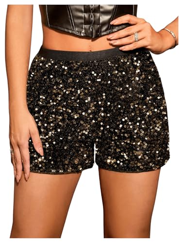 GORGLITTER Damen Glitzer Shorts Party Festival Outfit Rave Clubwear Pailletten Shorts Freizeitshort Glänzend Kurz Hose Herbst Outfit Gold S von GORGLITTER