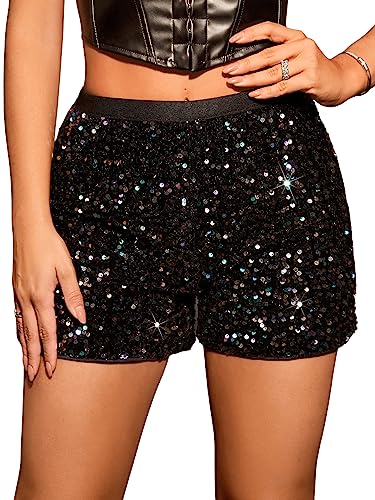 GORGLITTER Damen Glitzer Shorts Party Festival Outfit Rave Clubwear Pailletten Shorts Freizeitshort Glänzend Kurz Hose Herbst Outfit Schwarz XL von GORGLITTER