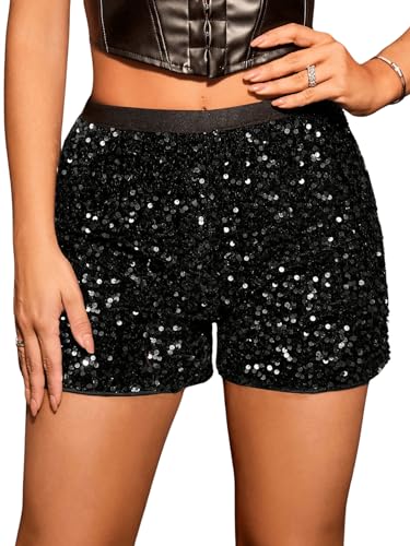 GORGLITTER Damen Short mit Pailletten Party Shorts Freizeitshort für Nacht Club Festivals Outfits Glänzend Kurz Hose Vollschwarz M von GORGLITTER