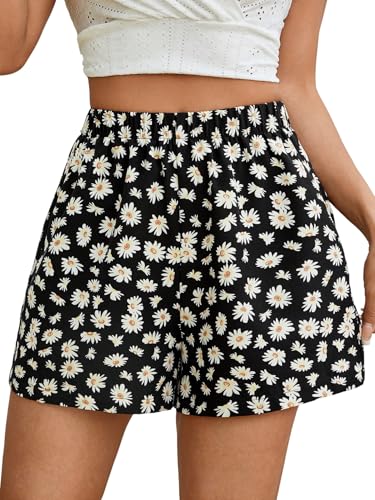 GORGLITTER Damen Shorts Blümchenmuster Sommershorts Weiter Bein Minishorts Elastischer Bund Kurze Hose Hohe Taille Freizeitshorts Boho Damenshorts Schwarz M von GORGLITTER