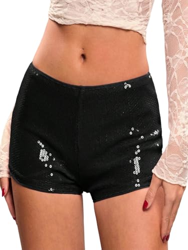 GORGLITTER Damen Shorts Eleagant Shorts Niedriger Taille Partyshorts mit Pailletten Minishorts Damenshorts Kurze Hose Festival Outfit Schwarz XS von GORGLITTER