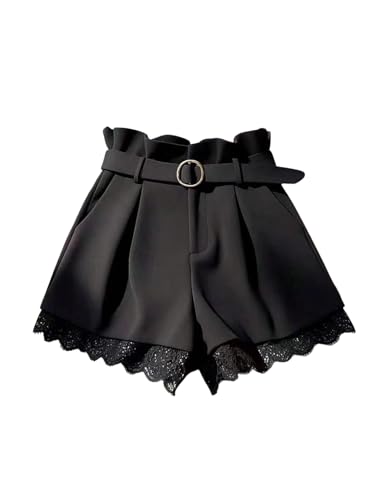 GORGLITTER Damen Shorts Elegant Breites Bein Kurzhose Hohe Taille Short mit Reißverschluss und Gürtel Office Casualshort Freizeitshorts Schwarz L von GORGLITTER