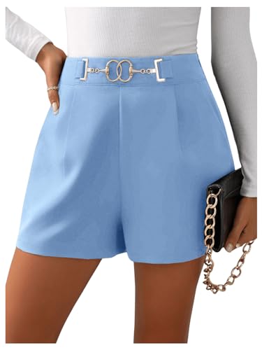 GORGLITTER Damen Shorts Elegant Kurzhose Breites Bein Sommershort Hohe Taille Short mit Reißverschluss und Kette Blau S von GORGLITTER