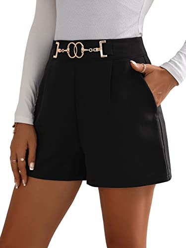 GORGLITTER Damen Shorts Elegant Kurzhose Breites Bein Sommershort Hohe Taille Short mit Reißverschluss und Kette Schwarz L von GORGLITTER