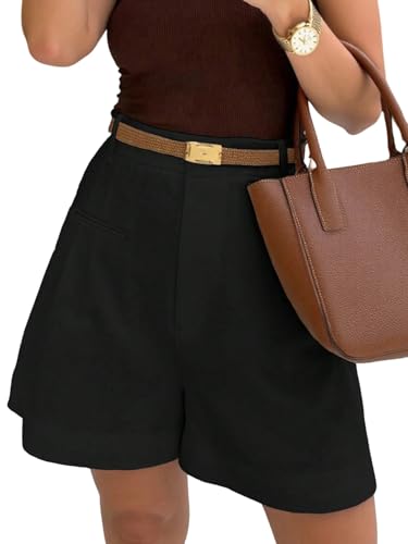GORGLITTER Damen Shorts Elegant Sommershorts Breites Bein Short Sommer Hohe Taille Minishorts mit Taschen Reißvverschluss Kurze Hose Casualshorts Schwarz XL von GORGLITTER