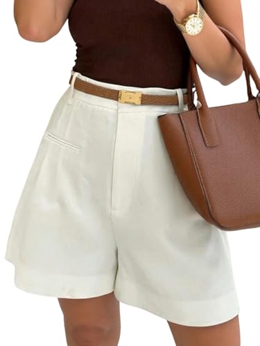 GORGLITTER Damen Shorts Elegant Sommershorts Breites Bein Short Sommer Hohe Taille Minishorts mit Taschen Reißvverschluss Kurze Hose Casualshorts Weiß S von GORGLITTER