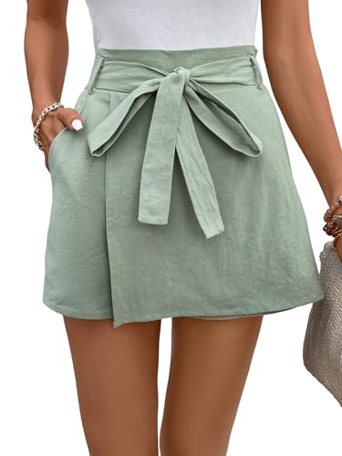GORGLITTER Damen Shorts Hohe Taille Hosenrock mit Gürtel Sommer Kurze Hose Bauwolle Short mit Taschen Mini Skort Elegant Wickelrock Freizeitshorts Minzgrün XS von GORGLITTER