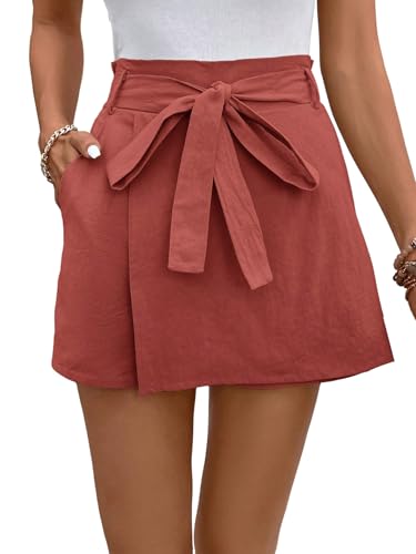 GORGLITTER Damen Shorts Hohe Taille Hosenrock mit Gürtel Sommer Kurze Hose Bauwolle Short mit Taschen Mini Skort Elegant Wickelrock Freizeitshorts Rot XS von GORGLITTER