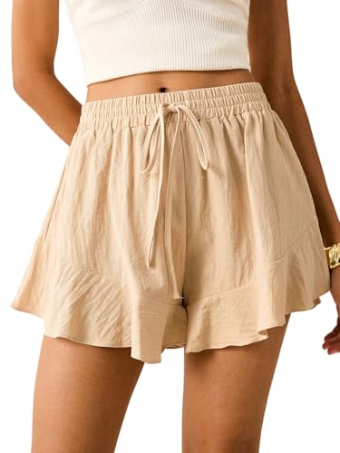 GORGLITTER Damen Shorts Hohe Taille Short Breites Bein Sommershort Boho Rüschensaum Kurze Hose Elastischer Bund Freizeithose Baumwolle Damenshorts Casualshorts Beige XS von GORGLITTER