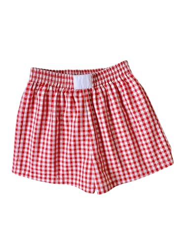 GORGLITTER Damen Shorts Hohe Taille Short Sommer Bermuda Kariert Sommershorts Elastischer Bund Minishorts mit Patches Locker Freizeitshorts Rot L von GORGLITTER