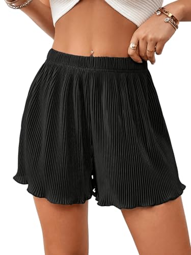 GORGLITTER Damen Shorts Kurz Hose Sommer Short Breite Bein Bermuda Casualshort mit Wellensaum Schwarz L von GORGLITTER