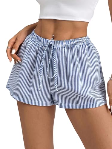 GORGLITTER Damen Shorts Kurze Hose Gestreifte Short Elastischer Bund Minishorts Breites Bein Sommershorts mit Taschen Strandshorts Freizeitshorts Blau und Weiß L von GORGLITTER