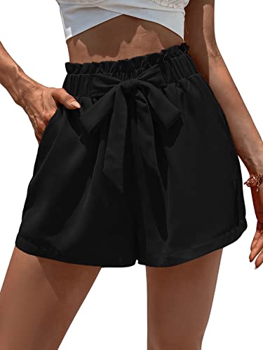 GORGLITTER Damen Shorts Kurze Sommerhose Elastischer Bund Breites Bein Kurzhose Casual Locker Hose mit Band vorn Schwarz L von GORGLITTER