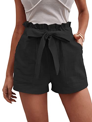 GORGLITTER Damen Shorts Kurze Sommerhose Elastischer Bund Breites Bein Kurzhose Casual Locker Hose mit Gürtel Schwarz L von GORGLITTER