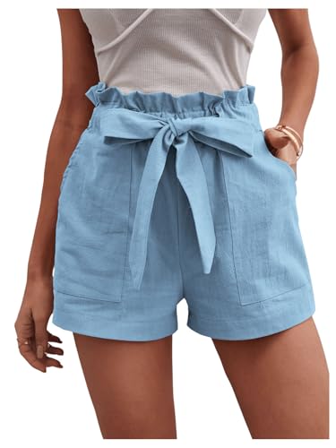 GORGLITTER Damen Shorts Kurze Sommerhose Elastischer Bund Hohe Taille Kurzhose Casual Locker Hose mit Gürtel Hellblau L von GORGLITTER