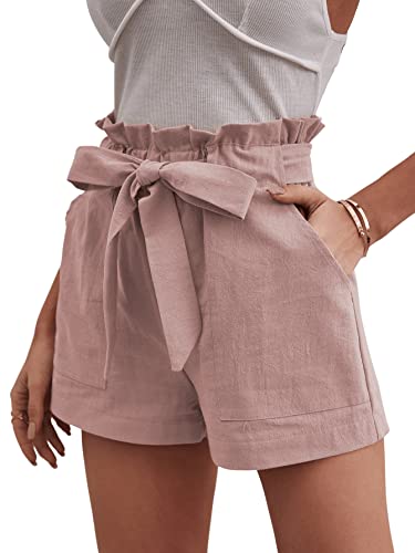 GORGLITTER Damen Shorts Kurze Sommerhose Elastischer Bund Hohe Taille Kurzhose Casual Locker Hose mit Gürtel Rosa M von GORGLITTER