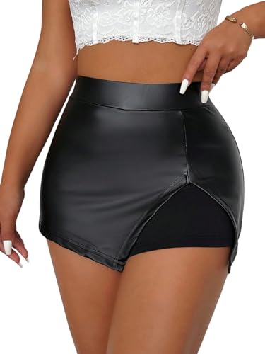 GORGLITTER Damen Shorts PU Leder Y2K Hosenrock mit Schlitz Hohe Taille Ledershorts Stretchy Kurze Hose Party Festival Outfits Schwarz M von GORGLITTER