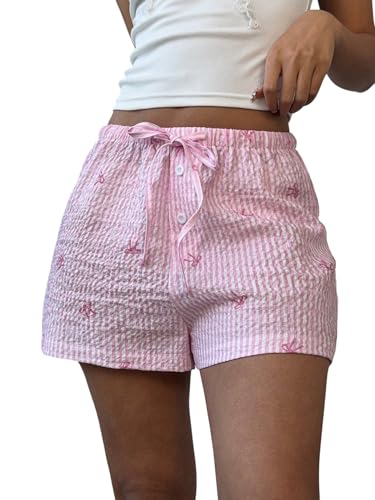 GORGLITTER Damen Shorts Schleifen Gestreifte Shorts mit Tunnelzug Sommer Kurze Freizeithose Süße Sommershorts Struktur Minishorts Trainingsshorts Rosa S von GORGLITTER
