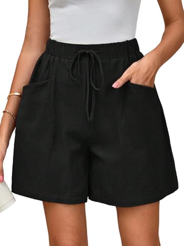 GORGLITTER Damen Shorts Sommer Breite Bein Bermuda Hotpants mit Taschen Kurze Hose Hohe Taille Freizeitshorts Sommershorts Strand Outfit Schwarz L von GORGLITTER