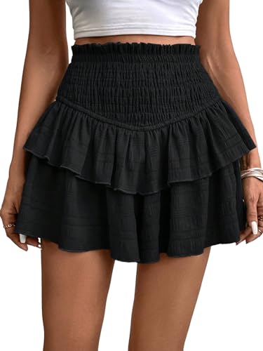 GORGLITTER Damen Shorts Sommer Hohe Taille Hosenrock Kurze Hose Lässig Sommerhose mit Rüschensaum Elastischer Bund Damenshorts Minirock Short Schwarz L von GORGLITTER
