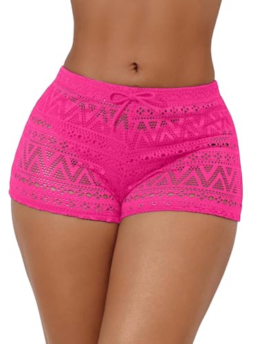 GORGLITTER Damen Shorts Sommer Kurze Hose Cut Out Bikinihose Durchsichtig Strandhose Süß Sommerhort Urlaub Hotpants Heißes Pink L von GORGLITTER