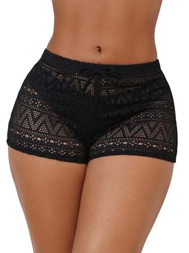 GORGLITTER Damen Shorts Sommer Kurze Hose Cut Out Bikinihose Durchsichtig Strandhose Süß Sommerhort Urlaub Hotpants Schwarz XL von GORGLITTER