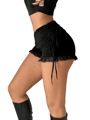 GORGLITTER Damen Shorts Sommer Y2K Schmale Kurzhose Ultraniedriger Bund Short Durchsichtige Spitze Minishorts Einfarbig Sommershort Rüschen-Shorts Schwarz L GORGLITTER Damen Shorts Sommer Y2K Schmale Kurzhose Ultraniedriger Bund Short Durchsichtige Spitze Minishorts Einfarbig Sommershort Rüschen-Shorts Schwarz L von GORGLITTER