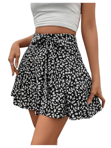 GORGLITTER Damen Shorts Weite Beine Hosenrock Locker Sommershorts Geblümt Sommer Skort Kurze Hose Shortrock mit Blümchen Schwarz und Weiß L von GORGLITTER