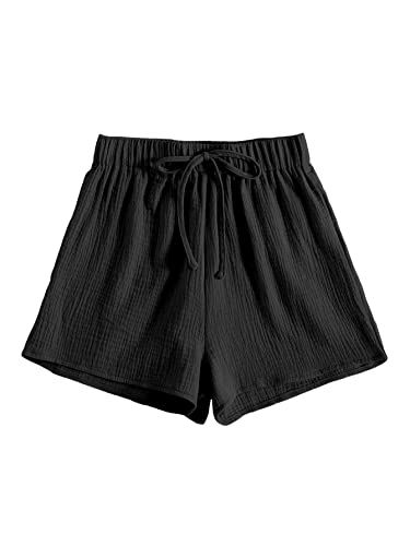 GORGLITTER Damen Shorts Weitem Bein elastischer Taille Kurze Hosen Sommerhose locker Short mit Knoten Schwarz L von GORGLITTER