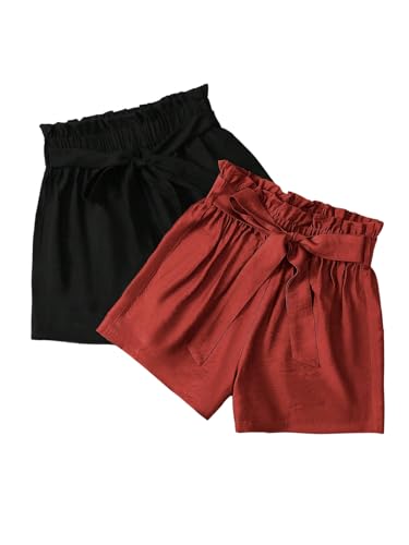GORGLITTER Damen Shorts Zwei Stücke Sommershort Hohe Taille Short Kurze Hose mit Gürtel Weite Minishorts Elastischer Bund Freizeitshort Casualshorts Rot Mehrfarbig L von GORGLITTER