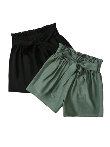 GORGLITTER Damen Shorts Zwei Stücke Sommershort Hohe Taille Short Kurze Hose mit Gürtel Weite Minishorts Elastischer Bund Freizeitshort Casualshorts Schwarz Mehrfarbig XS von GORGLITTER