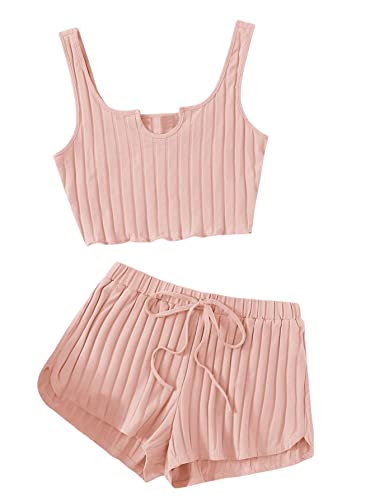 GORGLITTER Damen Shorts und Tank Top Sets 2-Teiler Träger Bauchfrei Tops Camisole Kurze Hose Hauseanzug Kombi Home Set mit Knoten Rosa M von GORGLITTER