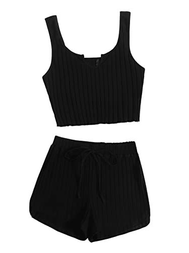 GORGLITTER Damen Shorts und Tank Top Sets 2-Teiler Träger Bauchfrei Tops Camisole Kurze Hose Hauseanzug Kombi Home Set mit Knoten Schwarz XS von GORGLITTER