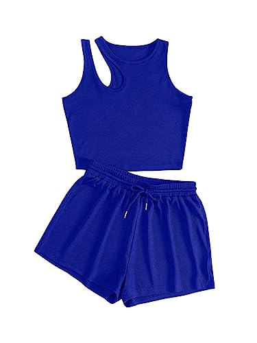 GORGLITTER Damen Shorts und Top Sets 2 Piece Cut Outs Träger Bauchfrei Tops Camisole Kurze Hose Hauseanzug Kombi 2-Teiler Home Set Königsblau XS von GORGLITTER