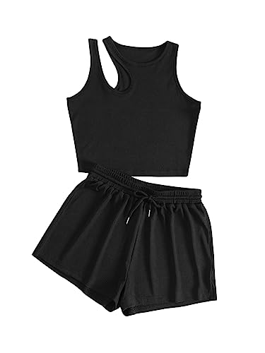 GORGLITTER Damen Shorts und Top Sets 2 Piece Cut Outs Träger Bauchfrei Tops Camisole Kurze Hose Hauseanzug Kombi 2-Teiler Home Set Schwarz M von GORGLITTER