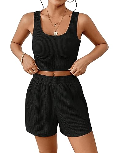 GORGLITTER Damen Shorts und Top Sets 2 Piece Träger Bauchfrei Tank Tops Camisole Kurze Hose Hauseanzug Kombi 2-Teiler Home Set Schwarz M von GORGLITTER