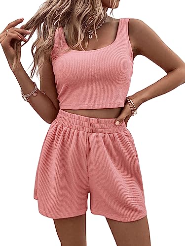 GORGLITTER Damen Shorts und Top Sets 2 Piece Träger Bauchfrei Tops Camisole Kurze Hose Hauseanzug Kombi 2-Teiler Home Set Grau-Rosa L von GORGLITTER