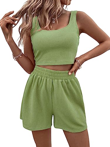 GORGLITTER Damen Shorts und Top Sets 2 Piece Träger Bauchfrei Tops Camisole Kurze Hose Hauseanzug Kombi 2-Teiler Home Set Lindgrün L von GORGLITTER