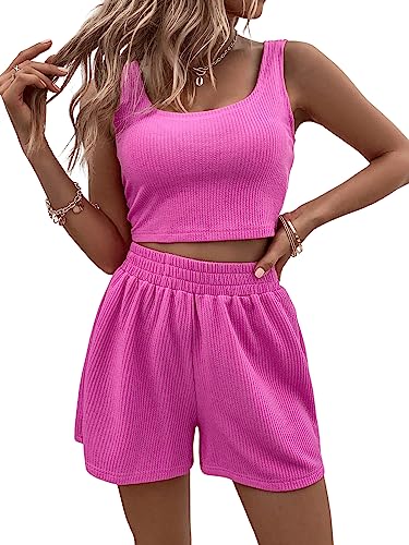 GORGLITTER Damen Shorts und Top Sets 2 Piece Träger Bauchfrei Tops Camisole Kurze Hose Hauseanzug Kombi 2-Teiler Home Set Rosa L von GORGLITTER