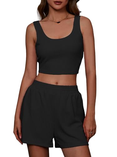 GORGLITTER Damen Shorts und Top Sets 2 Piece Träger Bauchfrei Tops Camisole Kurze Hose Hauseanzug Kombi 2-Teiler Home Set Schwarz XS von GORGLITTER