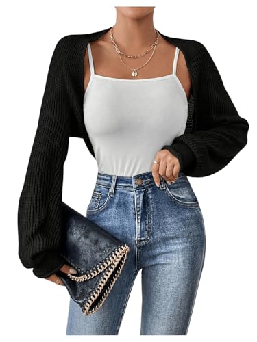 GORGLITTER Damen Shrug Cardigan Bolero Sweaters Offener Front Crop Jäckchen Rippstrick Langarm Jacke Kurze Strickjacke Schwarz S von GORGLITTER