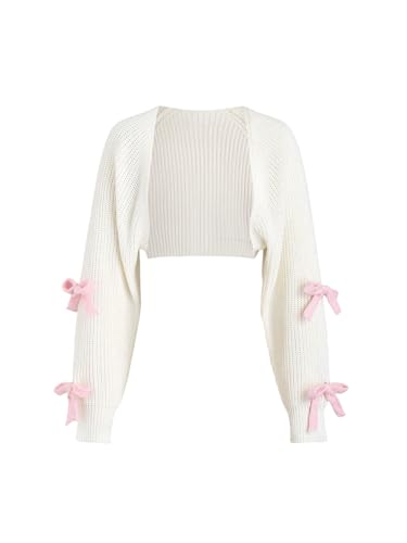 GORGLITTER Damen Shrug Cardigan Elegant Bolero Strickjacke mit Schleife Vorne Offen Crop Jäckchen Rippstrick Langarm Jacke süß Strickoberteil Weiß L von GORGLITTER