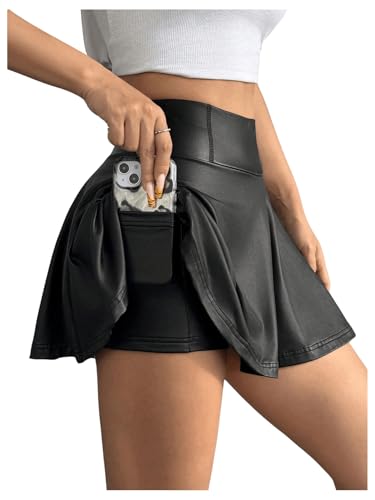 GORGLITTER Damen Skort A Linie Rock Elastischer Bund Minirock PU Leder Clubröcke Kurze Röcke mit Rüschensaum Schwarz M von GORGLITTER