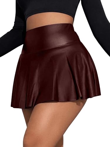 GORGLITTER Damen Skort Elastischer Bund Minirock PU Leder Clubröcke Kurze Röcke mit Rüschensaum Rostbraun XL von GORGLITTER
