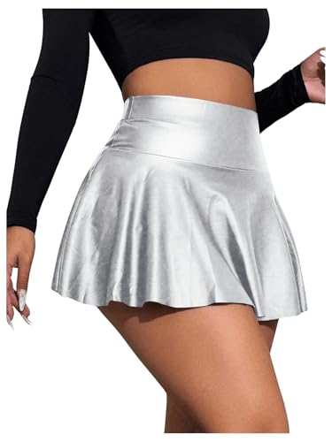 GORGLITTER Damen Skort Elastischer Bund Minirock PU Leder Clubröcke Kurze Röcke mit Rüschensaum Silber M von GORGLITTER